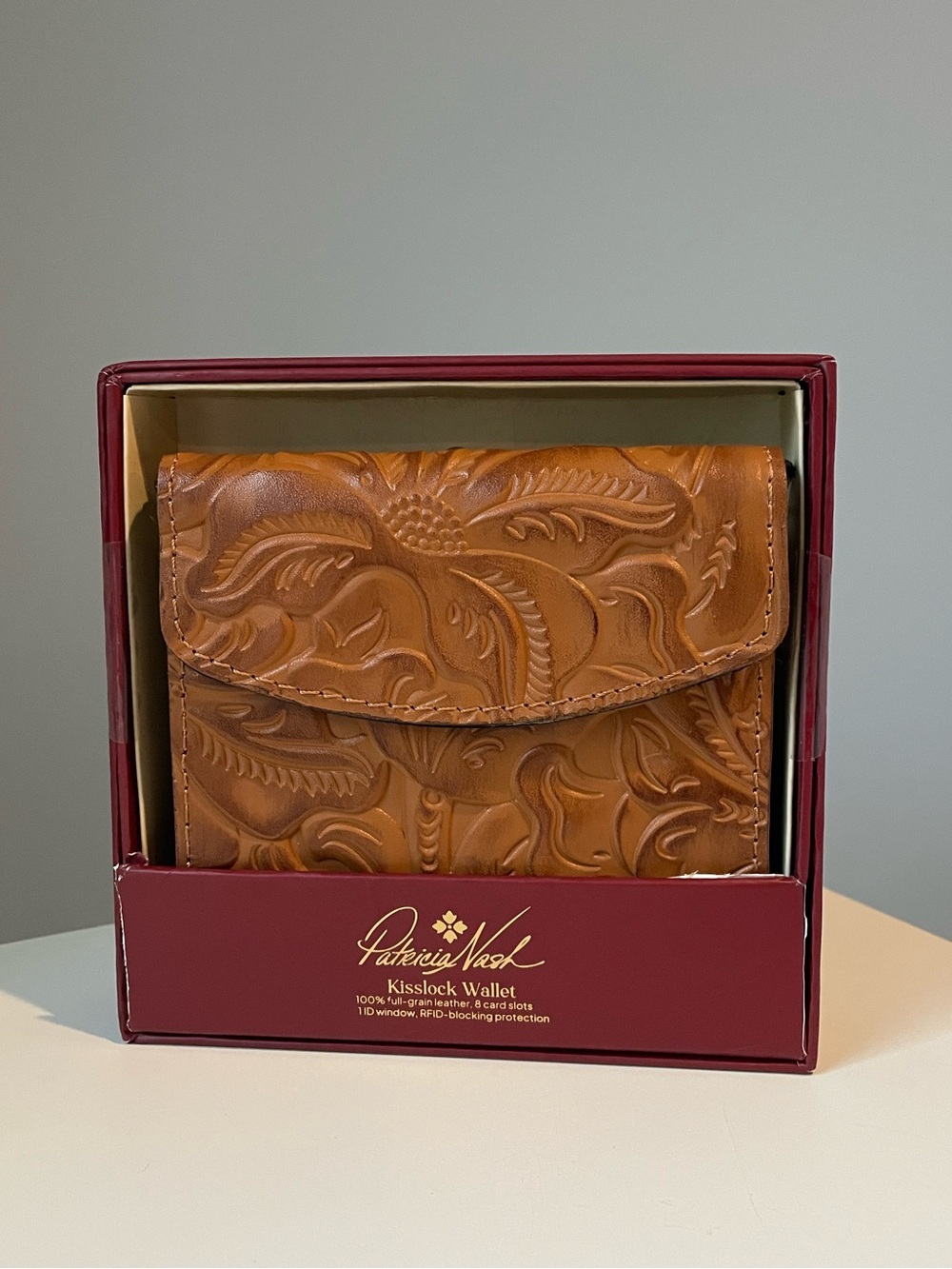 NWT Patricia Nash Reiti Cognac Tooled Floral Leather Kisslock Wallet RFID